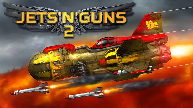 Jets'n'Guns 2 key art: a rocket-armed spaceship over fire