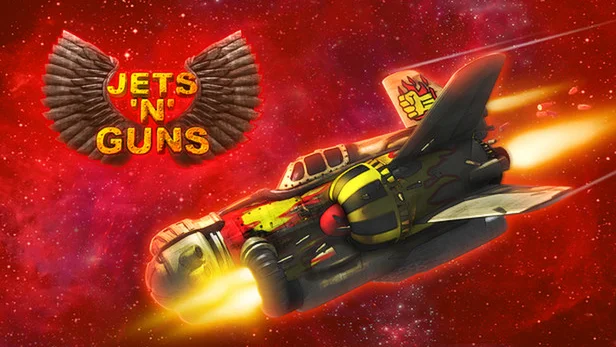 Jets'n'Guns key art: a heavily armed spaceship