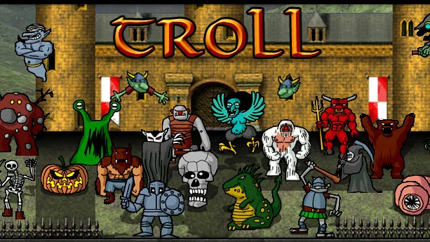 Troll title art: a castle wall full of monsters