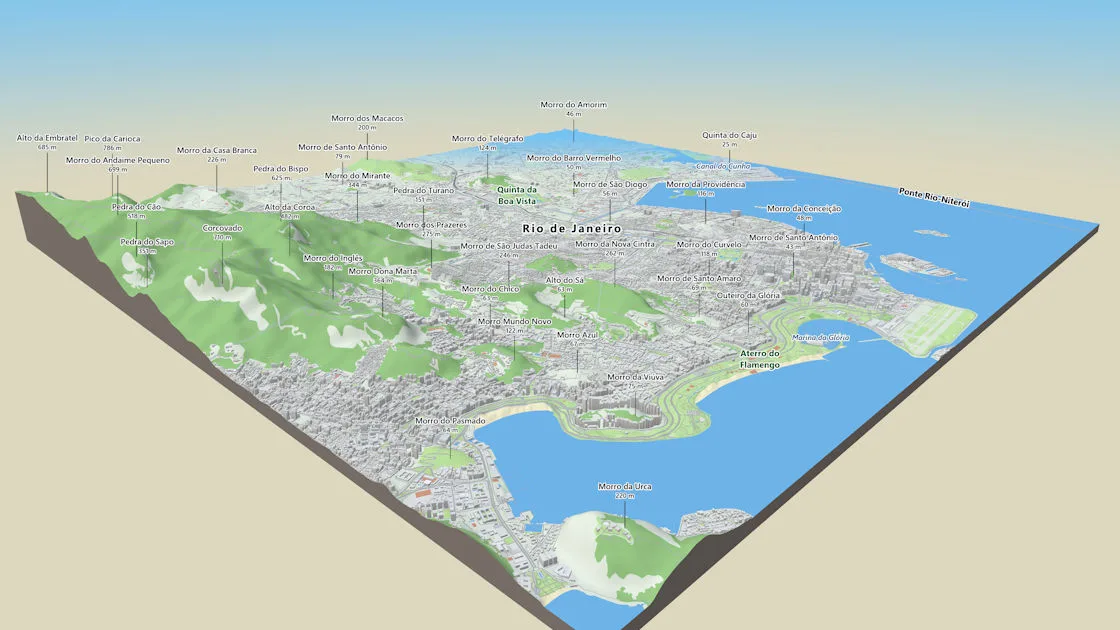 A stylised 3D model of Rio de Janeiro built from OpenStreetMap data